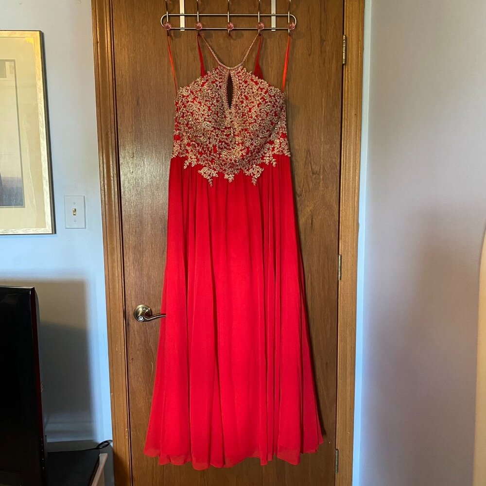 Red Party Dress Gold Sparkle Bodice Floral